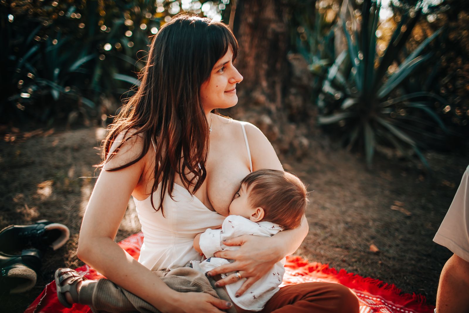 Une mère allaite son bébé en plein air